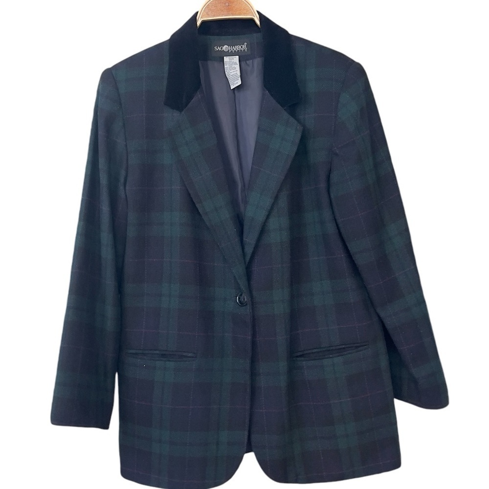 Sag Harbor Sz 8 P Green Blue Tartan Plaid Velvet Collar Wool Blend Blazer Jacket